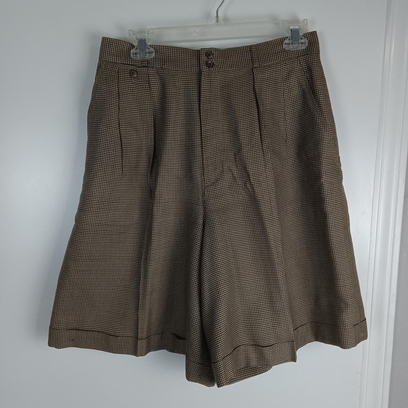 Ralph Lauren Shorts Womens 12 Brown Houndstooth Pleated Bermuda Silk Cotton - Picture 1 of 14